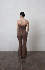 Brown Linen Flared Pants with White Trim