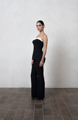 Black Linen Strapless Top with Pleated Trim