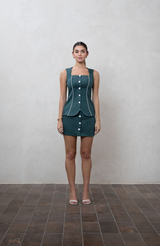 Dark green mini skirt with fabric buttons and piping