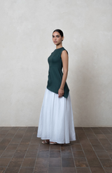 Two-Tone Draped Dark Green Dress with Asymmetric Hem