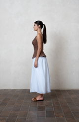Brown Linen Peplum Top with white  piping