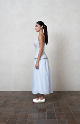 Greige Linen Peplum Top with white  piping