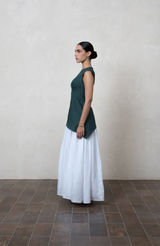 Two-Tone Draped Dark Green Dress with Asymmetric Hem