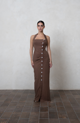 Brown Halter Linen Maxi Dress
