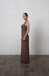 Brown Halter Linen Maxi Dress