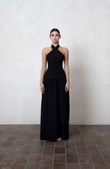 Black Crossover Halter Linen Dress