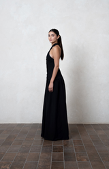 Black Crossover Halter Linen Dress