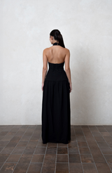 Black Crossover Halter Linen Dress