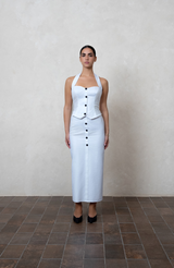 White Cotton Button-Front Midi Skirt