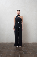 Assymetric black One-shoulder top with white buttons