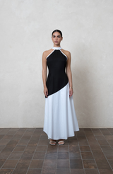 Two-Tone Black & White Cotton Halter Maxi Dress