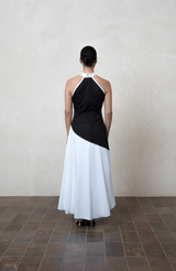 Two-Tone Black & White Cotton Halter Maxi Dress