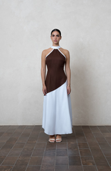 Two-Tone Brown & White Cotton Halter Maxi Dress