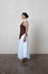 Two-Tone Brown & White Cotton Halter Maxi Dress