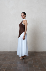 Two-Tone Brown & White Cotton Halter Maxi Dress