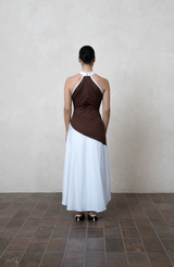 Two-Tone Brown & White Cotton Halter Maxi Dress