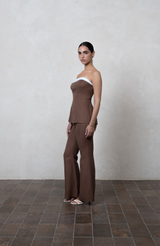 Brown Linen Flared Pants with White Trim