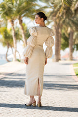 Beige Linen Long sleeve Puff Sleeve Top With Gold Buttons