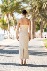 Beige Linen Cross Over Top With Silver and Gold Buttons