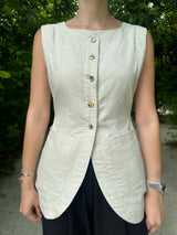 Beige Linen Tailored Vest with Silver and Gold Buttons