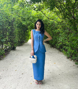 Blue Linen Tailored Vest with Silver and Gold Buttons
