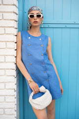 Blue Linen Double-Breasted Mini Dress With Golden Buttons