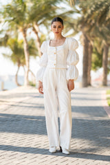 Off-White Linen Long Puff Sleeve Top With Gold Buttons