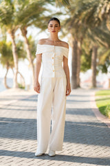 Off-White Linen  Off--Shoulder top with golden buttons