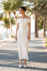 Off-White Linen  Off--Shoulder top with golden buttons