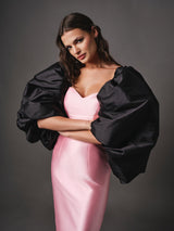 Pink mikado dress with black tafeta  puff sleeve