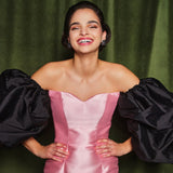 Pink mikado dress with black tafeta  puff sleeve