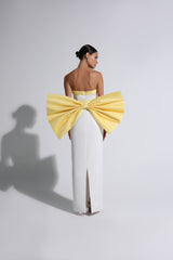 White & Yellow Exaggerated Bow Strapless Gown