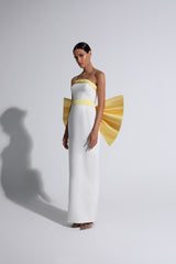 White & Yellow Exaggerated Bow Strapless Gown