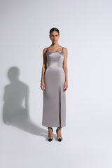 Silver Square Neck Midi Dress With Slit