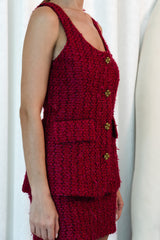 Burgundy Tweed Vest with piping and golden button detail