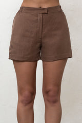 Brown Linen Blend Tailored Shorts