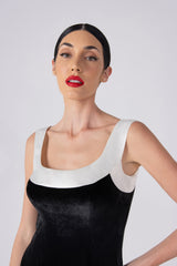 Square Neck Black Velvet Gown with White Silk Piping