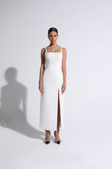 White Square Neck Midi Dress With Slit