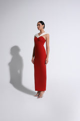 Red & Cream V-Neck Off-The-Shoulder Gown