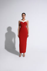 Red & Cream V-Neck Off-The-Shoulder Gown