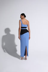 Violet & Black One Shoulder Belted Peplum Gown