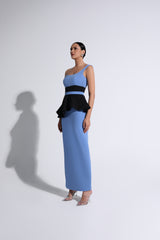 Violet & Black One Shoulder Belted Peplum Gown
