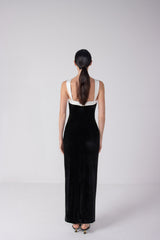 Square Neck Black Velvet Gown with White Silk Piping
