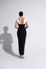 White & Black V-Neck Off-The-Shoulder Gown