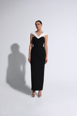 White & Black V-Neck Off-The-Shoulder Gown