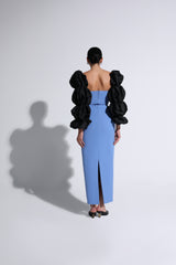 Black & Violet Gathered Puff-Sleeve Gown