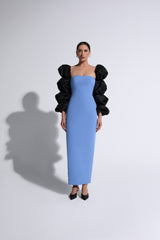 Black & Violet Gathered Puff-Sleeve Gown