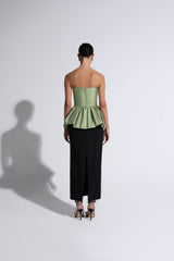 Green & Black  Gathered Peplum Gown
