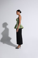 Green & Black  Gathered Peplum Gown