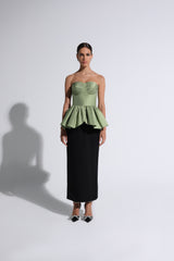 Green & Black  Gathered Peplum Gown